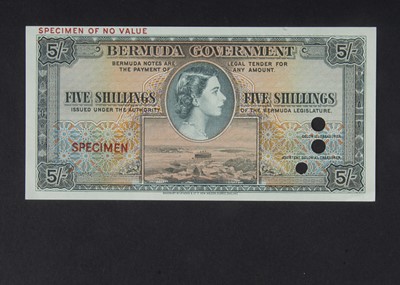 Lot 353 - Specimen Bank Note:  Bermuda Government Specimen 5 Shillings Elizabeth II