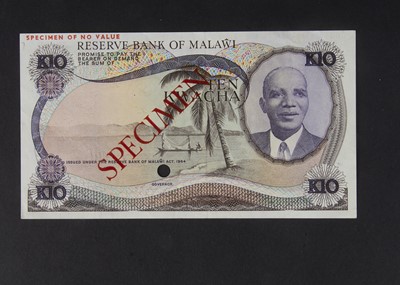 Lot 422 - Specimen Bank Note:  Reserve Bank of Malawi specimen 10 Kwacha
