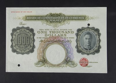 Lot 423 - Specimen Bank Note:  Board of Commissioners of Currency, Malaya specimen 1000 Dollars