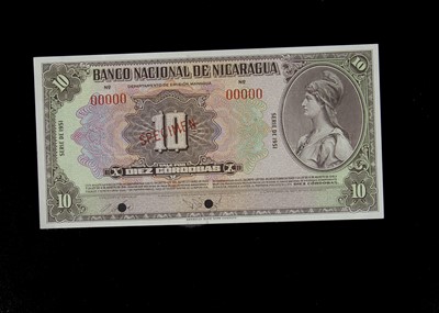Lot 431 - Specimen Bank Note:  National bank of Nicaragua specimen 10 Cordobas