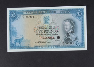 Lot 437 - Specimen Bank Note:  Reserve Bank of Rhodesia specimen 5 Pounds