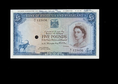 Lot 439 - Specimen Bank Note:  Bank of Rhodesia and Nyasaland specimen 5 Pounds