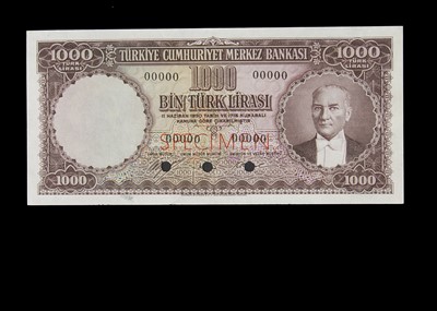 Lot 476 - Specimen Bank Note:  Turkey specimen 1000 Turk Lirasi