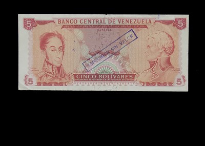 Lot 485 - Specimen Bank Note:  Central Bank of Venezuela Specimen 5 Bolivares