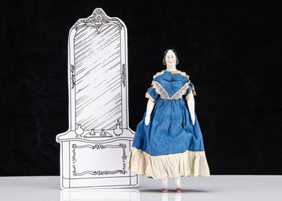Lot 87 - A rare 19th century Kister pink tinted china shoulder-head dolls’ house doll with jointed wooden body