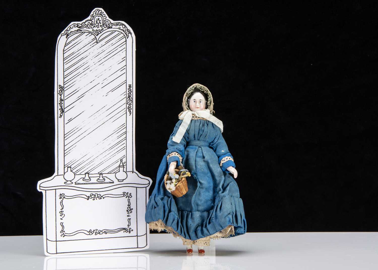 Lot 90 - A rare 19th century Kister pink tinted china shoulder-head dolls’ house doll with jointed wooden body