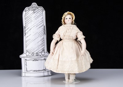 Lot 170 - A Leontine Rohmer pressed bisque swivel head fashionable doll with body stamp and a fixed seating system