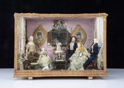 Lot 328 - A second half of the 19th century room setting with bisque shoulder head dolls