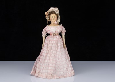 Lot 399 - A rare early 19th century English papier-mâché shoulder-head doll