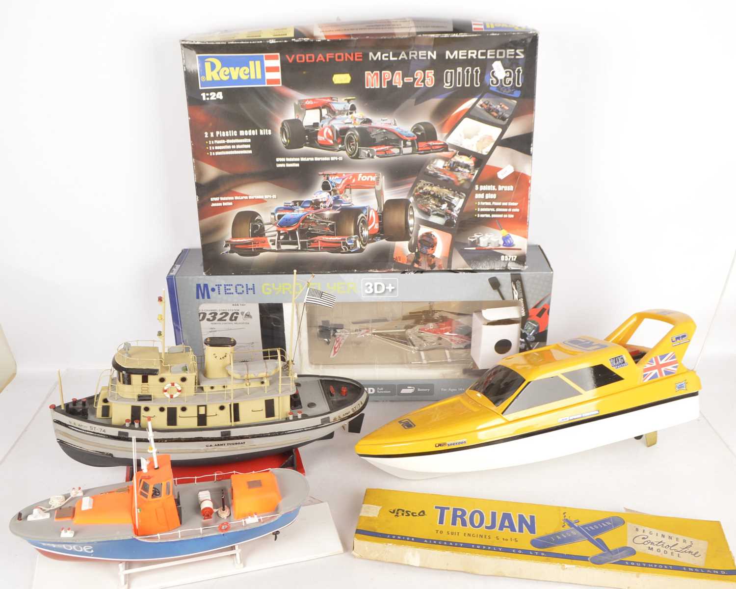 Lot 371 - Radio Controlled Boat and Helicopter with various Accessories and Revell car kits and Balsa Airplane kit