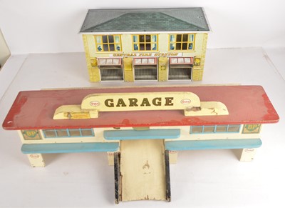 Lot 406 - Mettoy large Tinplate Central Fire Station and Hobbies Style large Wooden Garage suitable for Dinky and Corgi Cars (2)