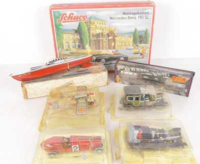 Lot 413 - Various mainly Modern tin Toys by Schuco and Magazine issue Cars and Plane and Victory Industries Steam Boat and Bachmann 00 Gauge Opil Tank wagons