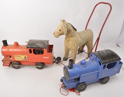 Lot 423 - Pair of Tri-ang Lines Bros steel Puff Puff Trains and Push along Dog on wheels (3)