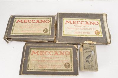 Lot 437 - Early Meccano Sets 2A 3A and 4A and electric Motor E20B all in original boxes (4)