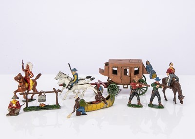 Lot 528 - A lot of Wild West figures by various makers including Taylor & Barrett and Timpo etc comprising Crescent Toys Stagecoach with seated woman passenger