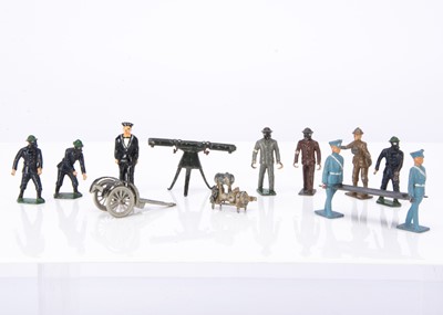 Lot 541 - Military figures by various makers including Crescent Toys and Hill comprising Taylor & Barrett Chemical Warfare stretcher bearers (4)