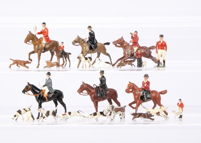 Lot 573 - A lot of lead hunt figures by Britains and Pixyland Kew comprising Britains mounted huntswomen (7) and man