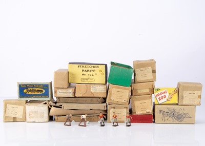 Lot 576 - A lot of empty farm and civilian lead boxes by various makers including Hill and Charbens comprising Crescent Toys trade box of item no.52 Shovelman