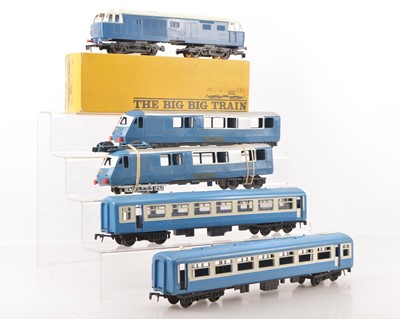 Lot 730 - Tri-ang Big Big 0 Gauge Hymek modified for 2-Rail operation and Tri-ang Minic Blue Pullman 2-Car Set partly converted for 2-Rail and blue and white coaches (5)