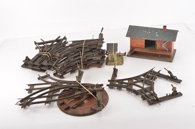 Lot 781 - Bing 0 Gauge Goods Depot and Hut and Clockwork Track and Points including a rare 3-Way point (qty)