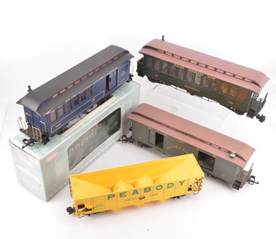 Lot 824 - Four Bachmann G scale (gauge 1) American Coaches and Hopper Car (5)