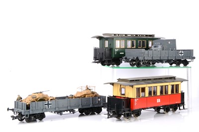 Lot 828 - Two G scale (gauge 1) German DR bogie Coaches by LGB and two Military Wagons (4)