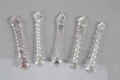 Lot 262 - Five 19th Century English glass toddy sticks or sugar crushers