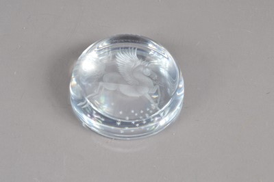 Lot 270 - A 20th Century glass paperweight with an image of Pegasus
