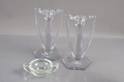 Lot 275 - A pair of trophy shaped Davidson 'Chippendale'  Art Deco style crystal candlesticks