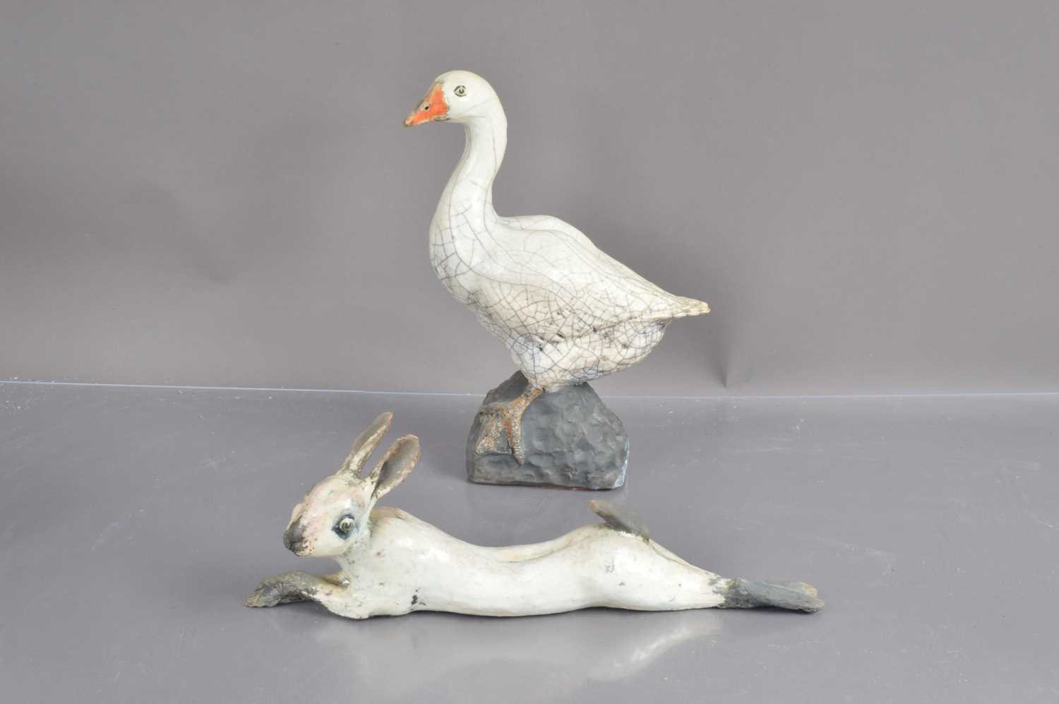 Lot 510 - Two raku pottery animal sculptures of a goose and a duck