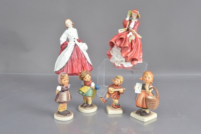 Lot 526 - A pair of Royal Doulton figurines and four Goebel Hummel figures