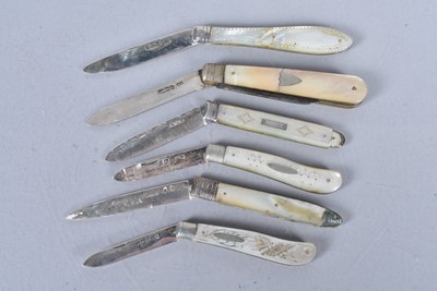 Lot 863 - A group of six silver and mother of pearl pocket knives