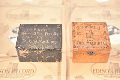 Lot 25 - Two wood and papier-mache gramophone needle boxes