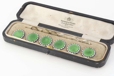 Lot 177 - A set of six silver, green and white enamel Edwardian buttons