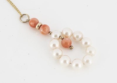 Lot 185 - A contemporary coral and cultured pearl pendant and chain