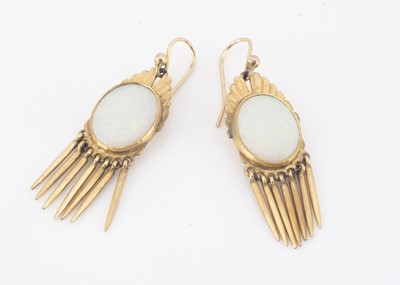 Lot 158 - A pair of yellow metal and precious opal drop earrings