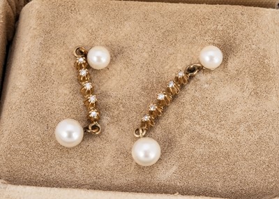 Lot 204 - A pair of cultured pearl and diamond ear drops