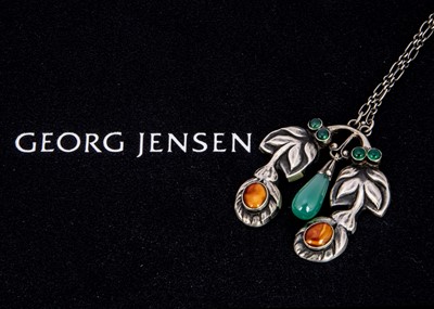 Lot 269 - An early 20th century silver Georg Jensen chrysoprase and amber pendant no. 28