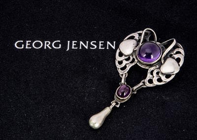 Lot 277 - Early 20th century Georg Jensen silver amethyst Art Nouveau pendant/pin brooch, No.2