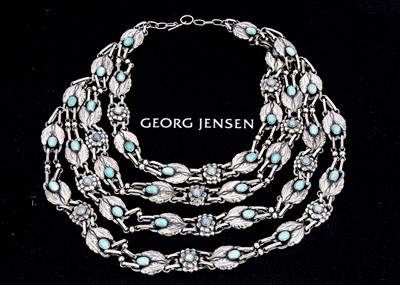 Lot 289 - An early Georg Jensen silver aventurine quartz and chalcedony four multi strand necklace no.1