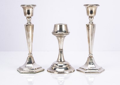 Lot 414 - A pair of Art Deco period silver filled candlesticks and another