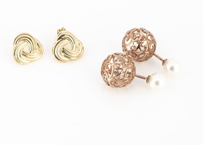 Lot 209 - A pair of rose gold diamond basket pearl ear studs