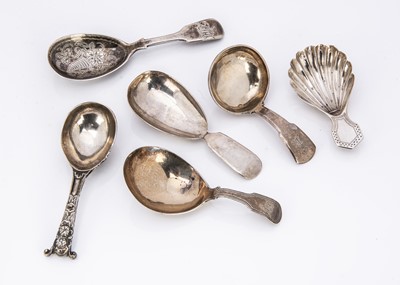 Lot 509 - A collection of six Georgian and Victorian silver tea caddy spoons