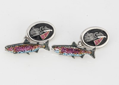 Lot 253 - A pair of silver and enamel fly fishing cufflinks