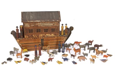 Lot 473 - A 19th century straw-work Noah’s Ark with painted animals