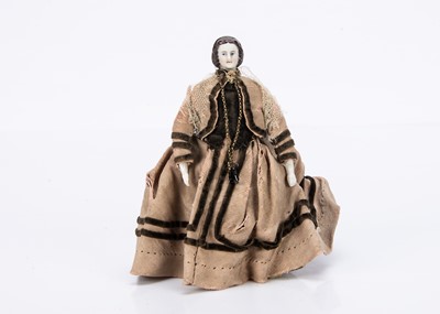 Lot 615 - An 19th century bisque shoulder head dolls’ house doll with moulded snood