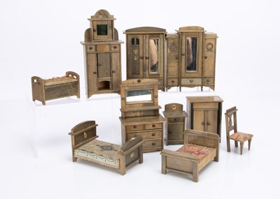 Lot 694 - 1920s German grey stained dolls’ house bedroom furniture