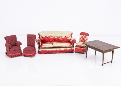 Lot 752 - A Rock & Graner large scale dolls’ house upholstered sofa and chairs