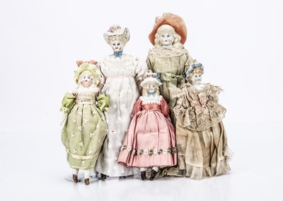 Lot 987 - Five small bisque Hertwig shoulder-head dolls with moulded hats