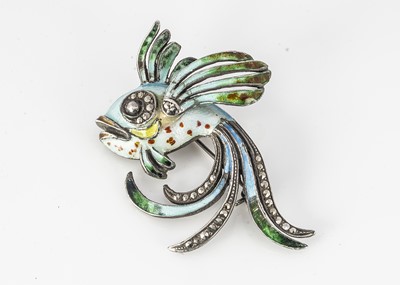 Lot 320 - A silver and enamel angel/exotic fish brooch